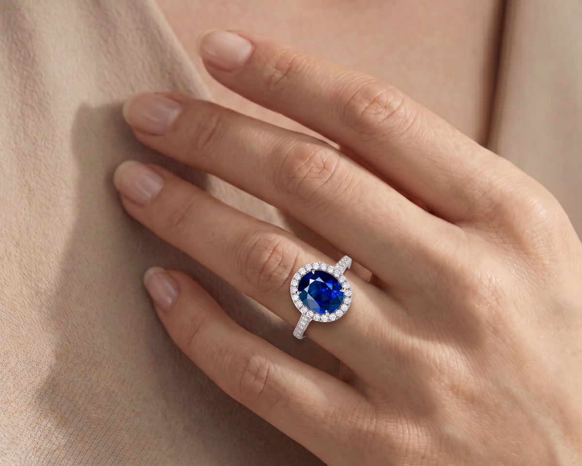 A halo ring featuring a large oval-cut deep blue sapphire center stone surrounded by a halo of small clear stones, set on a white gold band with pavé-set side stones, photographed on a female hand.