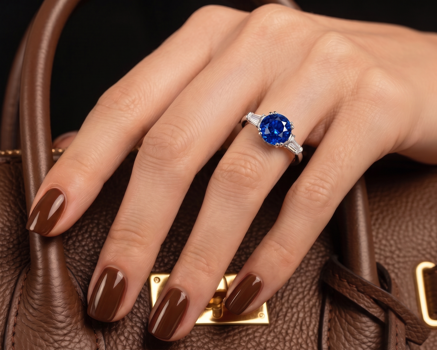A close-up of a hand wearing a white gold ring with a round brilliant-cut blue sapphire center stone, resting on a brown textured leather handbag.