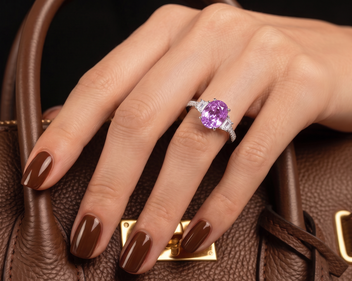 An oval-cut purple sapphire gemstone ring with a white gold band accented by baguette and round diamonds, set against a brown handbag