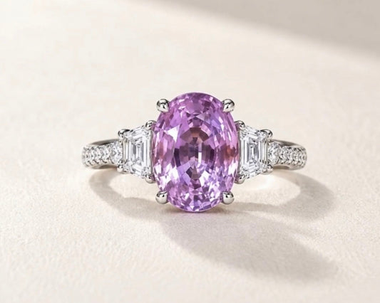 An oval-cut purple sapphire gemstone ring with a white gold band accented by baguette and round diamonds, set against a light beige background.