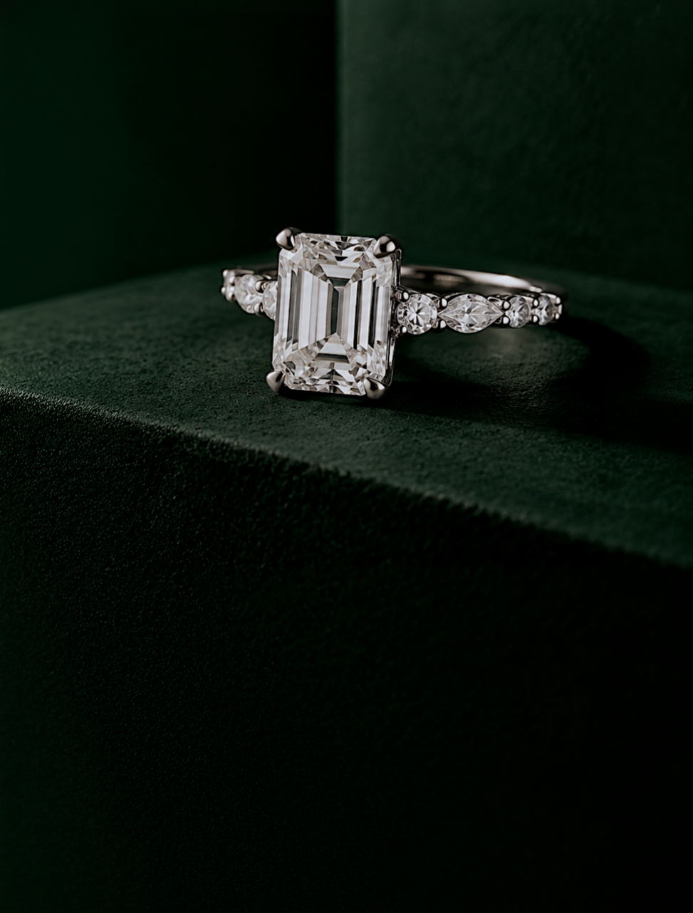 An emerald-cut diamond ring with a white-gold band, resting on a dark green velvet surface.