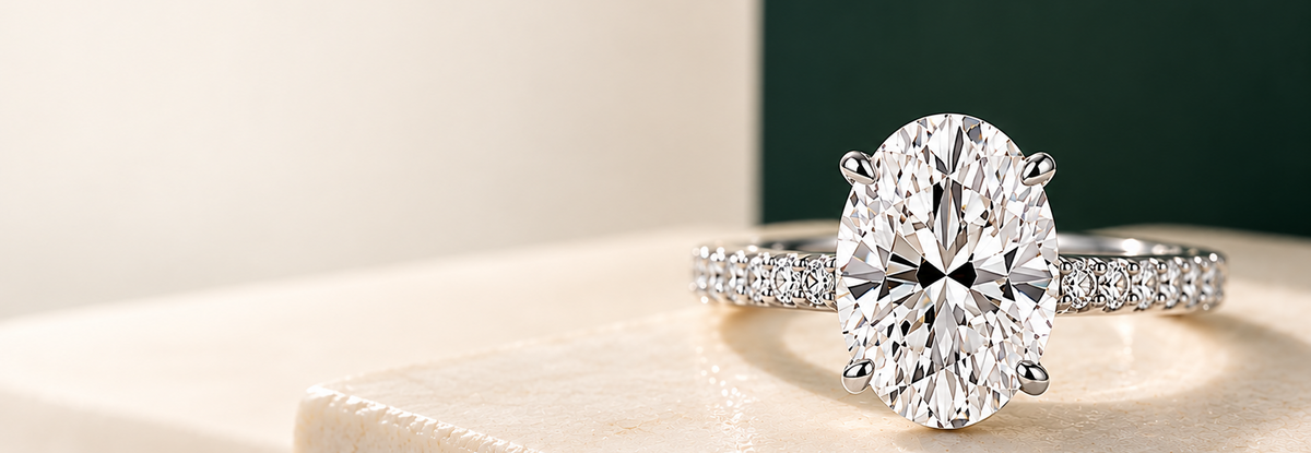 An oval-cut diamond engagement ring with a white-gold band accented by small pavé diamonds, resting on a light beige stone pedestal.