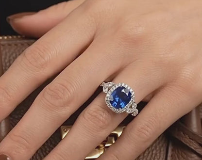Royal Blue Sapphire Halo Ring 18K White Gold